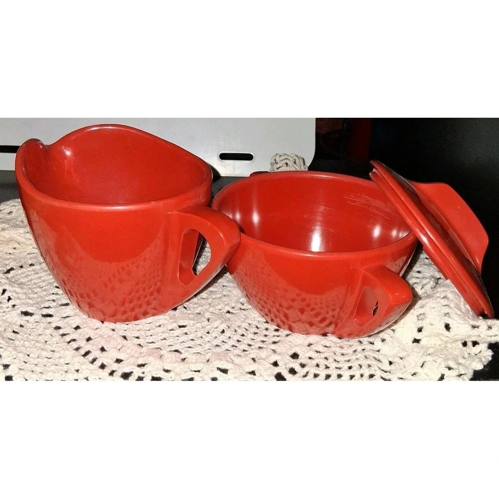 Mid Century Modern Red Melamine  Sugar Bowl and Creamer Set Made By Prolon Ware